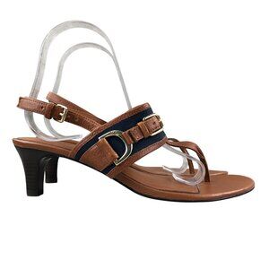 LRL Ralph Lauren NWOT Women's Size 7.5B Nance Brown Blue Leather Heeled Sandals